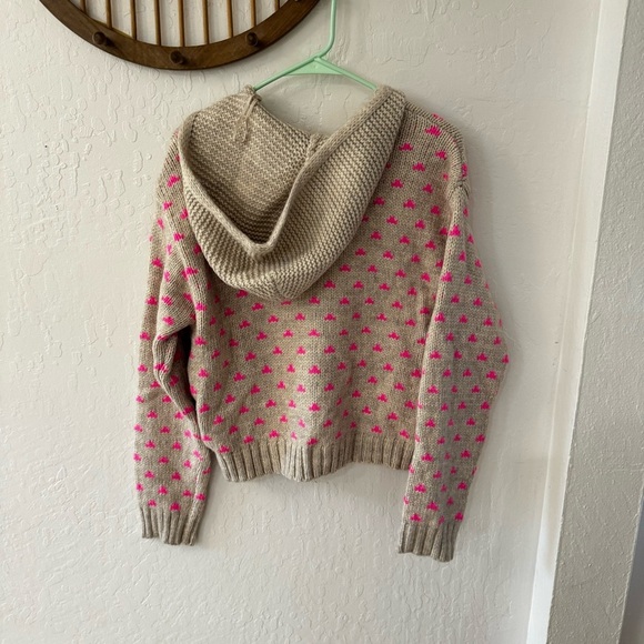 American Eagle Chunky Knit Zip Up Reindeer Pink Tan Hooded Sweater Medium - Picture 4 of 5